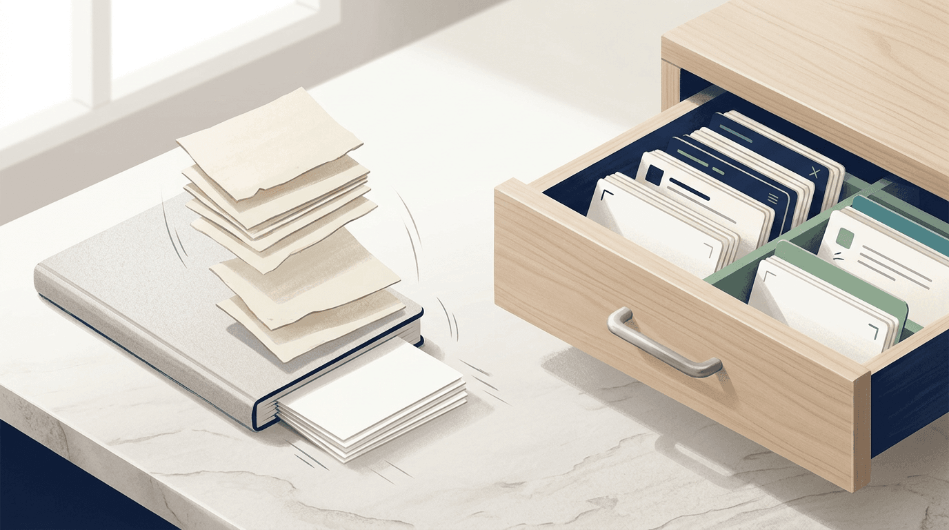 A notepad shedding pages while new ones are pushed in, next to a calm open drawer of neatly arranged cards.